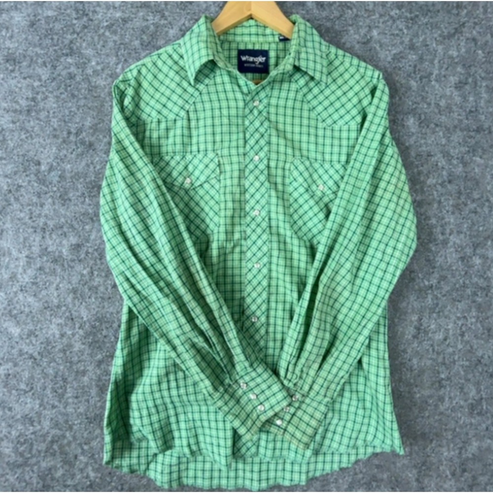 Wrangler Western Shirt Mens Medium Green Plaid Pearl Snap Chest Pocket Cowboy